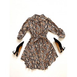 Rochie de zi ieftina maro stil camasa cu imprimeu snake print