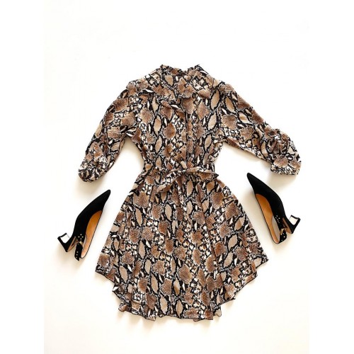 Rochie de zi ieftina maro stil camasa cu imprimeu snake print