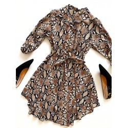 Rochie de zi ieftina maro stil camasa cu imprimeu snake print
