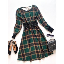 Rochie de zi ieftina verde cu imprimeu carouri si elastic lat in talie