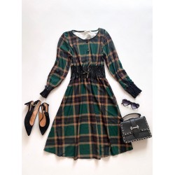 Rochie de zi ieftina verde cu imprimeu carouri si elastic lat in talie