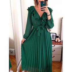 Rochie dama eleganta midi verde cu pliuri si volanase la decolteu