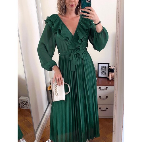 Rochie dama eleganta midi verde cu pliuri si volanase la decolteu
