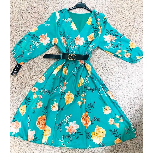 Rochie de vara ieftina midi turcoaz cu menaci lungi si imprimeu floral si curea in talie