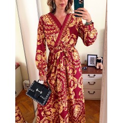 Rochie dama eleganta midi rosie cu imprimeu auriu