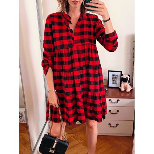 Rochie de zi ieftina rosie cu imprimeu carouri