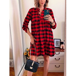 Rochie de zi ieftina rosie cu imprimeu carouri