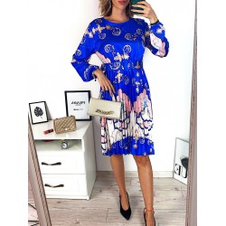 Rochie dama ieftina albastra de zi midi cu pliuri si curea in talie