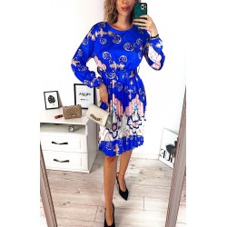 Rochie dama ieftina albastra de zi midi cu pliuri si curea in talie