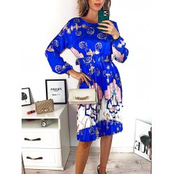 Rochie dama ieftina albastra de zi midi cu pliuri si curea in talie