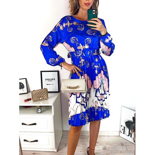 Rochie dama ieftina albastra de zi midi cu pliuri si curea in talie