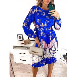 Rochie dama ieftina albastra de zi midi cu pliuri si curea in talie