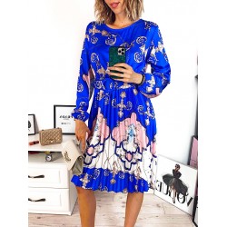 Rochie dama ieftina albastra de zi midi cu pliuri si curea in talie