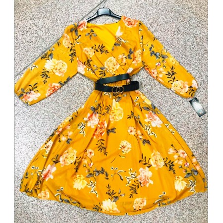 Rochie de vara ieftina midi galbena cu maneci lungi si imprimeu floral si curea in talie