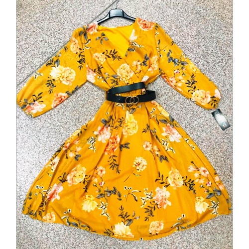 Rochie de vara ieftina midi galbena cu maneci lungi si imprimeu floral si curea in talie