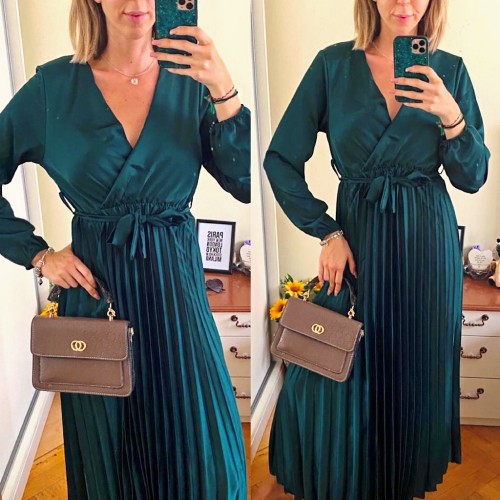 Rochie dama eleganta midi bleumarin cu pliuri si cordon in talie