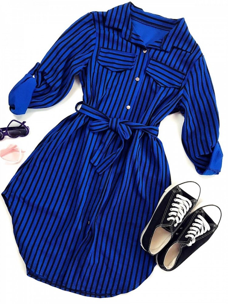 Rochie ieftina casual stil camasa albastra si neagra cu linii verticale si cordon in talie
