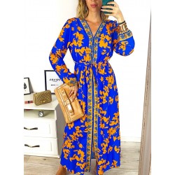 Rochie dama eleganta midi albastra cu imprimeu auriu