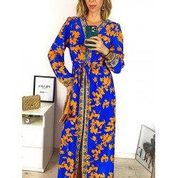 Rochie dama eleganta midi albastra cu imprimeu auriu