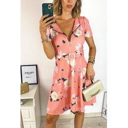 Rochie de vara ieftina midi roz cu imprimeu floral si curea in talie