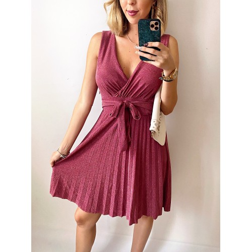 Rochie ieftina eleganta scurta roz cu sclipici si cordon in talie