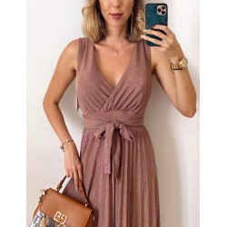 Rochie ieftina eleganta roz pal midi cu sclipici si cordon in talie