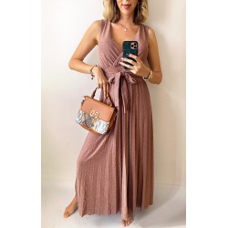 Rochie ieftina eleganta roz pal midi cu sclipici si cordon in talie