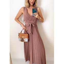 Rochie ieftina eleganta roz pal midi cu sclipici si cordon in talie