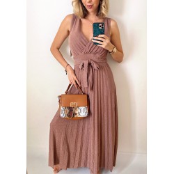 Rochie ieftina eleganta roz pal midi cu sclipici si cordon in talie