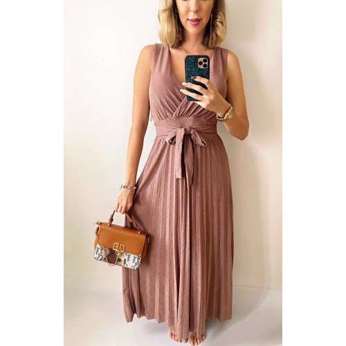 Rochie ieftina eleganta roz pal midi cu sclipici si cordon in talie