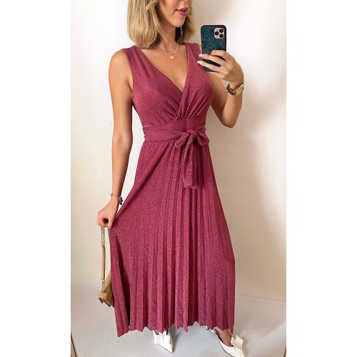 Rochie ieftina eleganta roz midi cu sclipici si cordon in talie