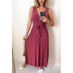 Rochie ieftina eleganta roz midi cu sclipici si cordon in talie