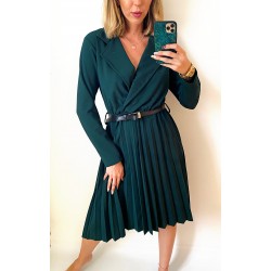 Rochie dama eleganta midi albastra cu pliuri si curea si maneci lungi