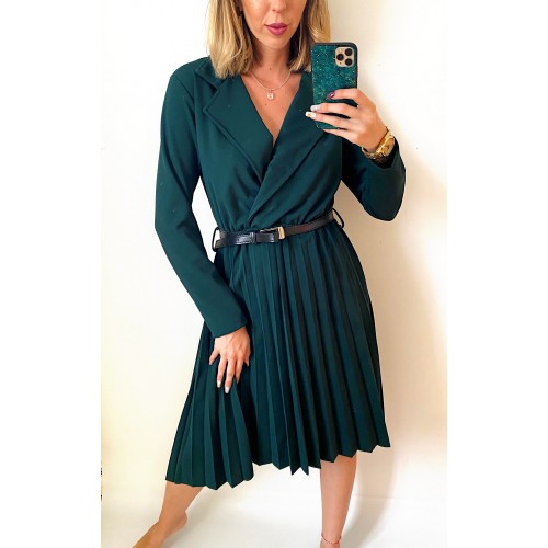Rochie dama eleganta midi albastra cu pliuri si curea si maneci lungi