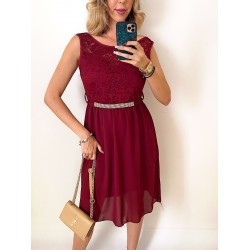 Rochie de ocazie ieftina visinie cu corset din dantela si centura sclipicioasa