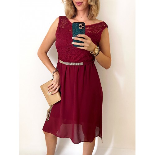 Rochie de ocazie ieftina visinie cu corset din dantela si centura sclipicioasa