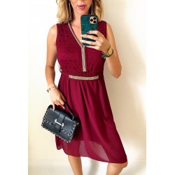Rochie de ocazie ieftina visinie cu corset din dantela si centura sclipicioasa