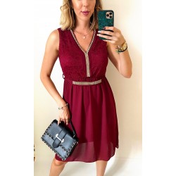 Rochie de ocazie ieftina visinie cu corset din dantela si centura sclipicioasa