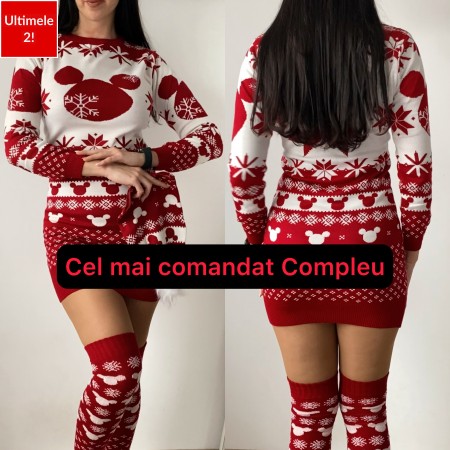 Compleu dama ieftin din tricot rosu minunat compus din rochie, caciula si jambiere Craciun HEAD