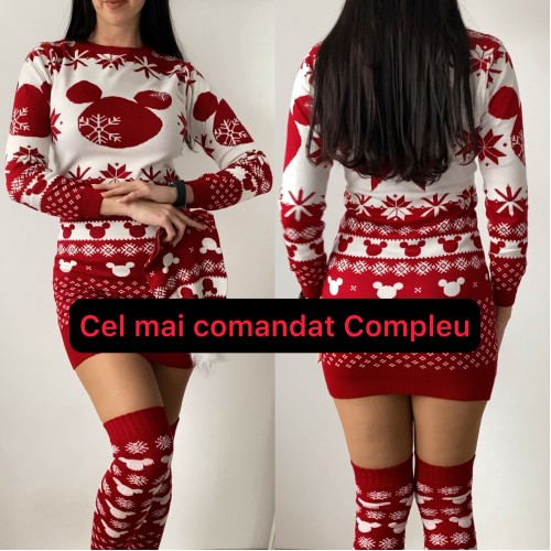 Compleu dama ieftin din tricot rosu minunat compus din rochie, caciula si jambiere Craciun HEAD