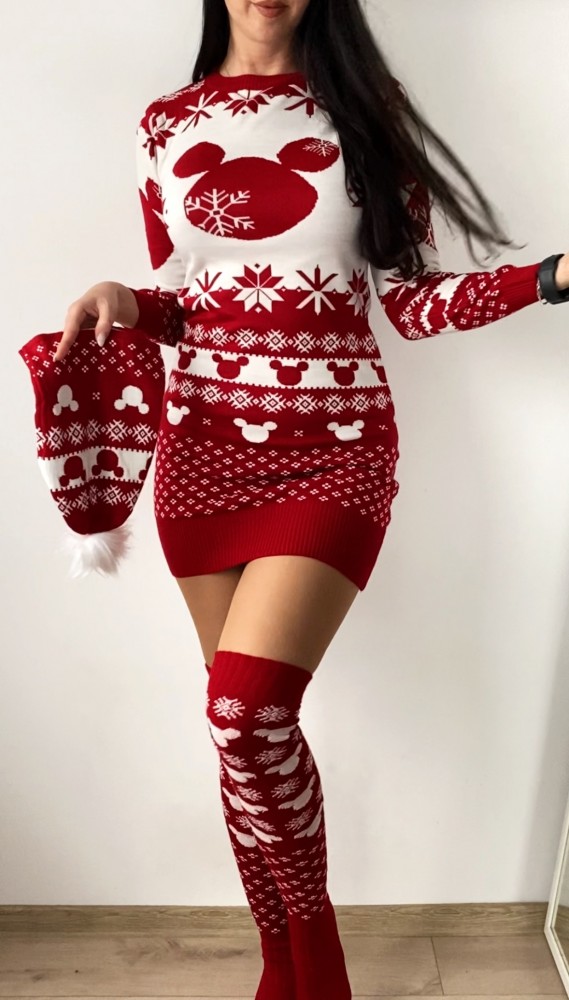 Compleu dama ieftin din tricot rosu minunat compus din rochie, caciula si jambiere Craciun HEAD