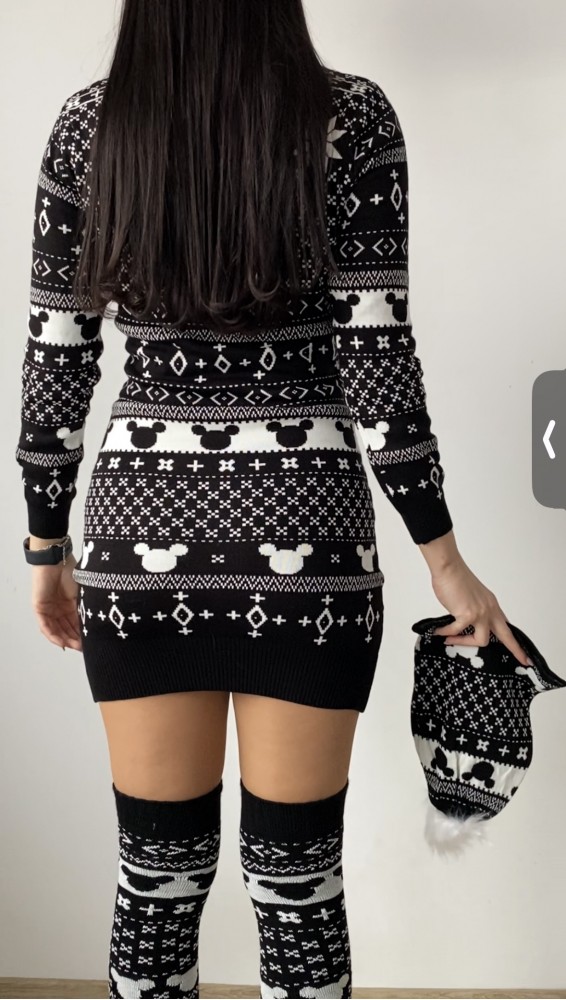 Compleu dama ieftin din tricot negru minunat compus din rochie, caciula si jambiere Craciun MK