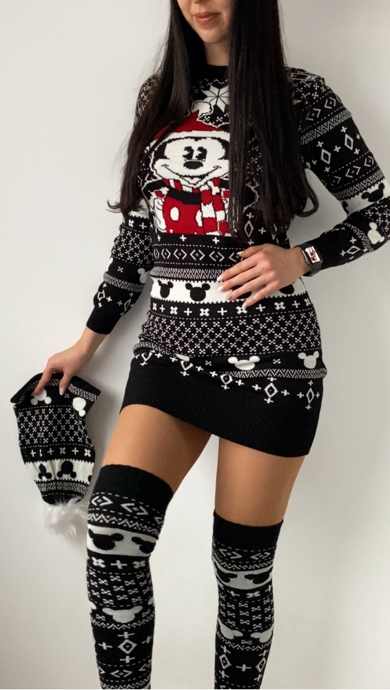 Compleu dama ieftin din tricot negru minunat compus din rochie, caciula si jambiere Craciun MK