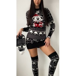 Compleu dama ieftin din tricot negru minunat compus din rochie, caciula si jambiere Craciun MK