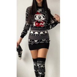 Compleu dama ieftin din tricot negru minunat compus din rochie, caciula si jambiere Craciun MK