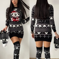 Compleu dama ieftin din tricot negru minunat compus din rochie, caciula si jambiere Craciun MK