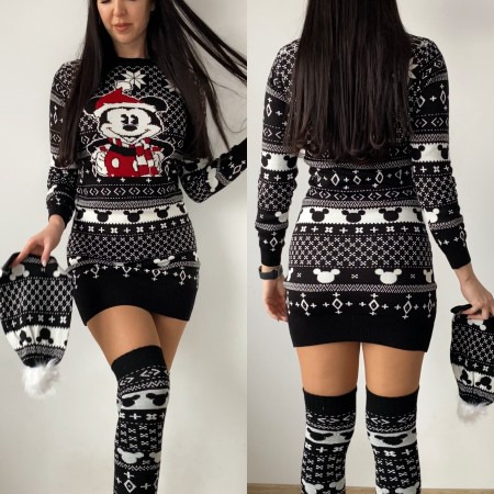 Compleu dama ieftin din tricot negru minunat compus din rochie, caciula si jambiere Craciun MK