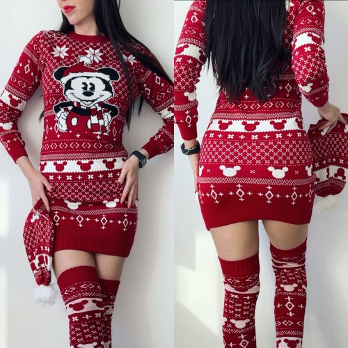 Compleu dama ieftin din tricot rosu minunat compus din rochie, caciula si jambiere Craciun MK