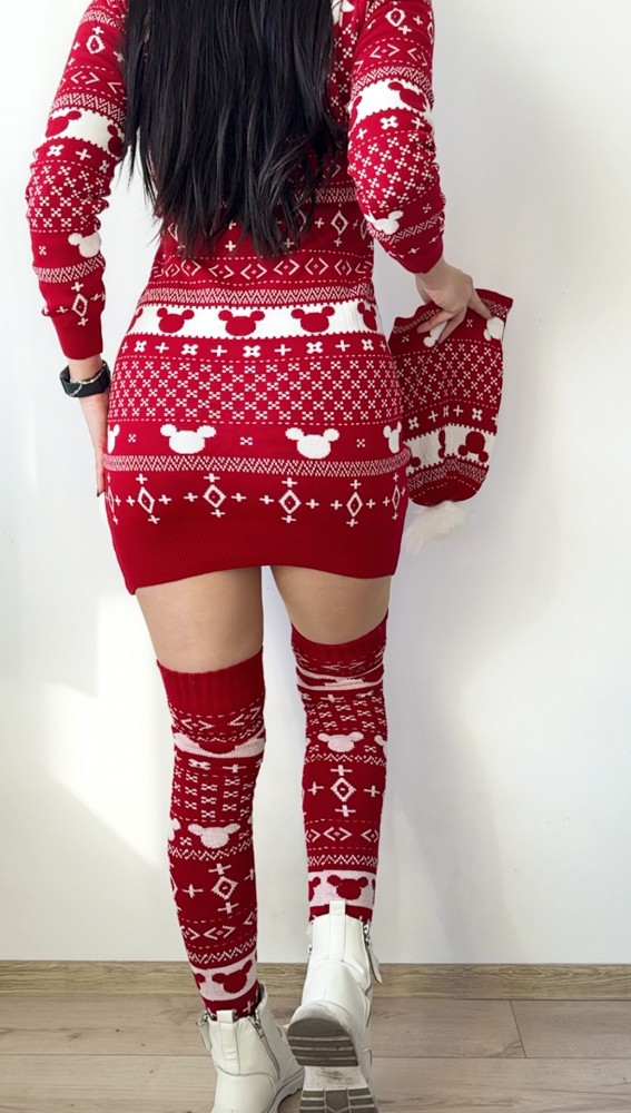 Compleu dama ieftin din tricot rosu minunat compus din rochie, caciula si jambiere Craciun MK
