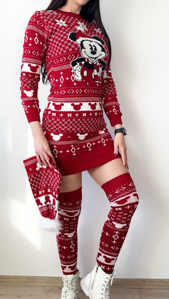Compleu dama ieftin din tricot rosu minunat compus din rochie, caciula si jambiere Craciun MK